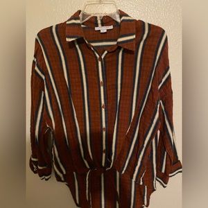 Large orange stripped button up with knot on the bottom